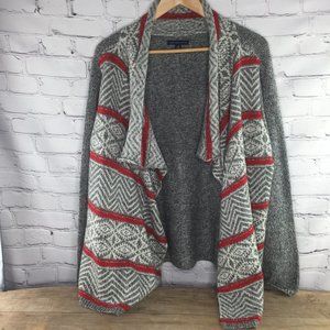 AEO loose front tribal print gray/red cardigan